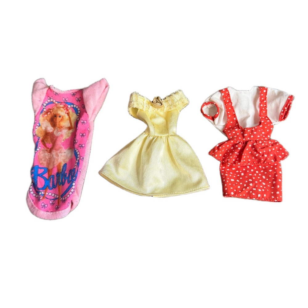 Vintage Barbie Doll Clothes Lot 3pc Pink Nightgown Yellow Dress Red Polka Dot